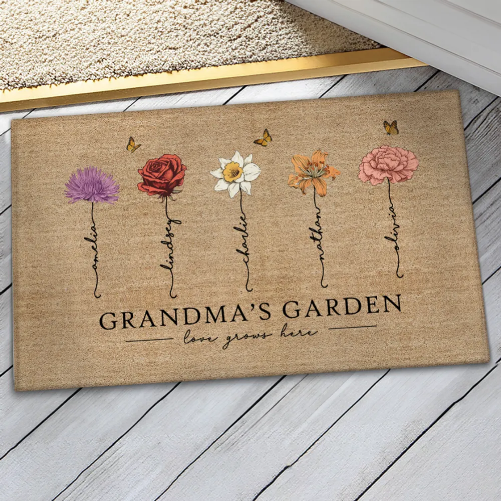 Grandma‘s Garden Love Grows Here Vintage Birth Flowers Swirl Name Personalized Doormat, Mother's Day Gift, Gift For Her, Mom, Grandma
