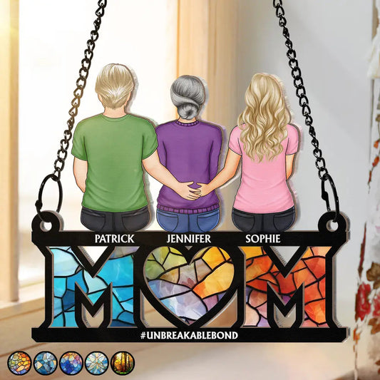 Mother & Children Sitting Bakside Unbreakable Bond - Personalized Window Hanging Suncatcher Ornament