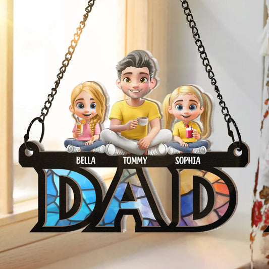 Dad Grandpa Sitting With Children - Personalized Window Hanging Suncatcher Ornament