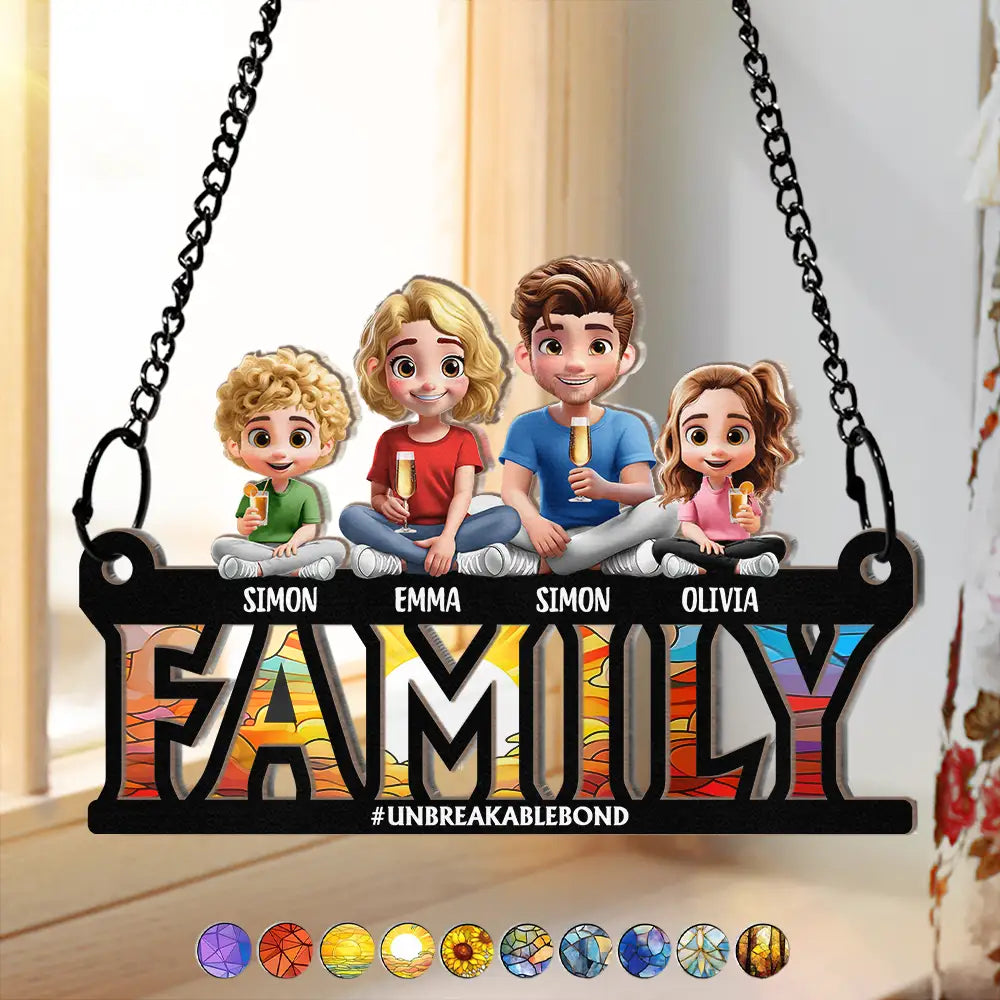 Family Unbreakable Bond Forever Dad & His Children - Personalized Window Hanging Suncatcher Ornament