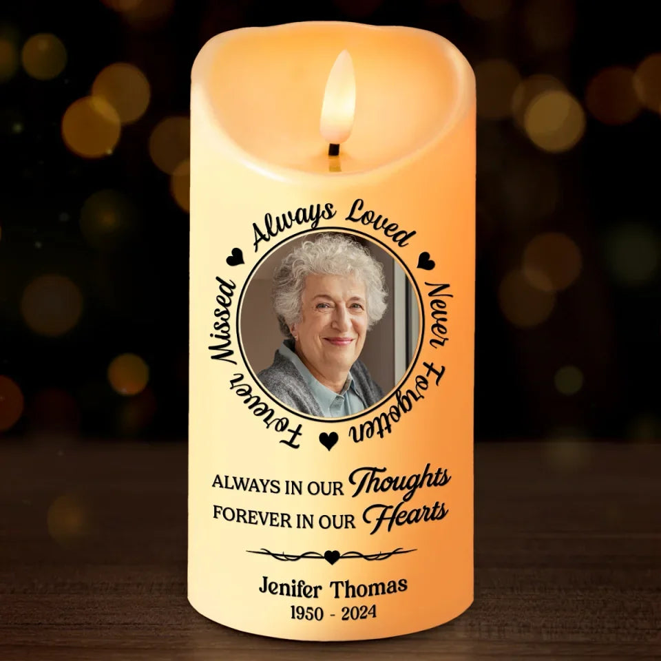 Custom Photo Always In Our Thoughts - Memorial Personalized Custom LED Candle - Christmas Gift, Sympathy Gift For Family Members