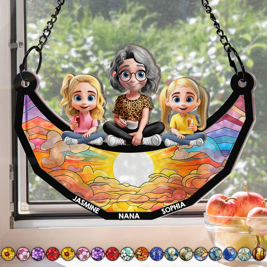 Mom Grandma Sitting With Children On The Moon - Personalized Window Hanging Suncatcher Ornament