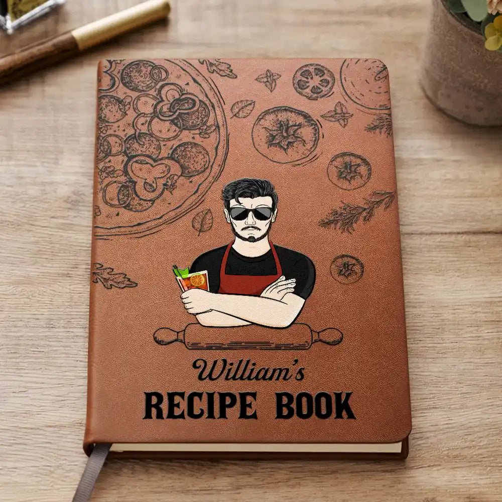 Man Cartoon Recipe Cookbook - Personalized Leather Journal