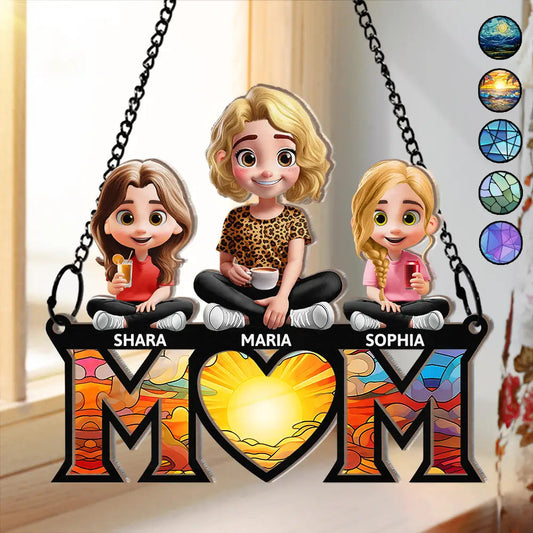 Young Mother Daughter Son We Love You Mom 3D Cartoon - Personalized Window Hanging Suncatcher Ornament