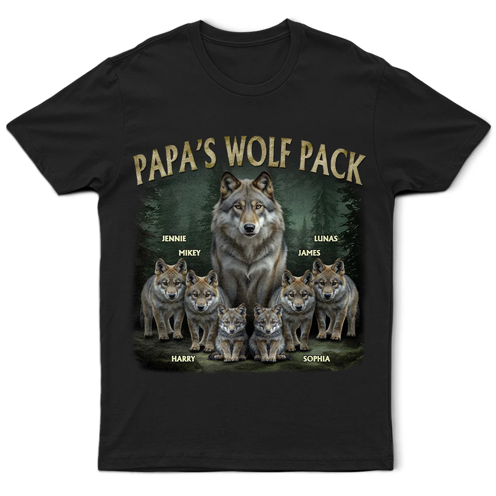 Realistic Art Papa Dad Wolf Pack - Personalized T Shirt