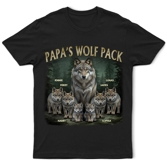 Realistic Art Papa Dad Wolf Pack - Personalized T Shirt