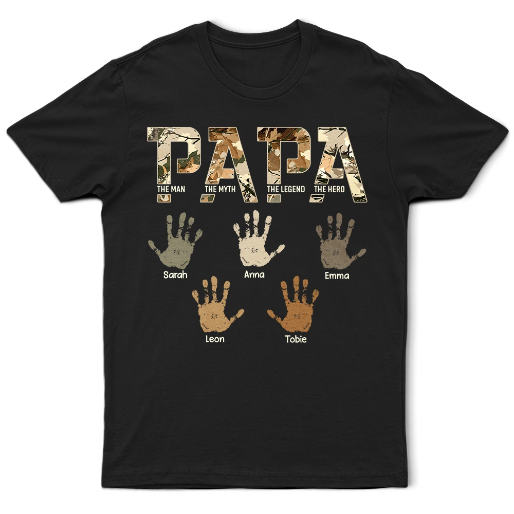 Dad Papa The Man Myth Legend Kid Handprint - Personalized T Shirt