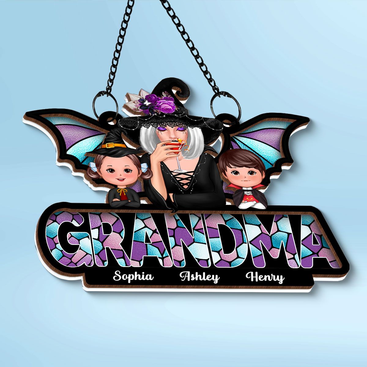Halloween Grandma And Grandkids On Text Personalized Suncatcher