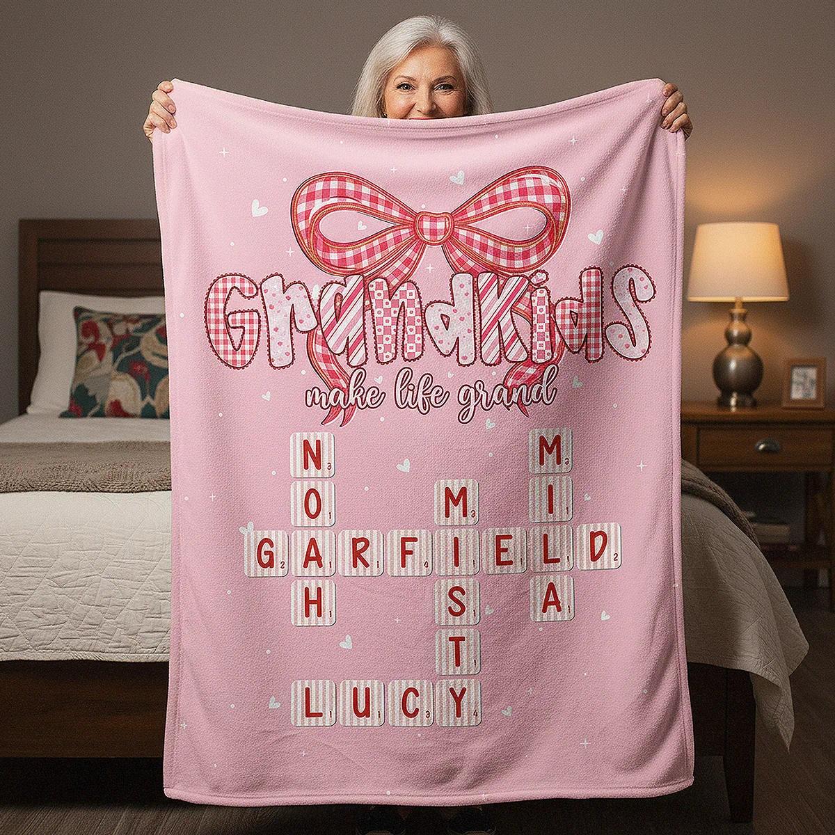 For Grandchildren Make Life for Grand Preppy Valentine Pattern Crossword Puzzle Art - Personalized Fleece Blanket - Valentine'S Day Gift for Grandma