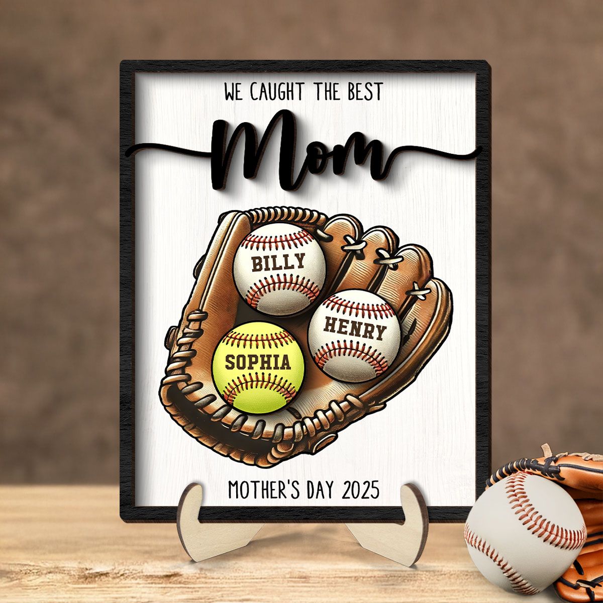 We Caught The Best Mom Baseball, Softball Personalized 2-Layer Wooden Plaque, Custom Kid's Name, Mother’s Day Gift For Mom, Gift For Wife, Gift For Grandma