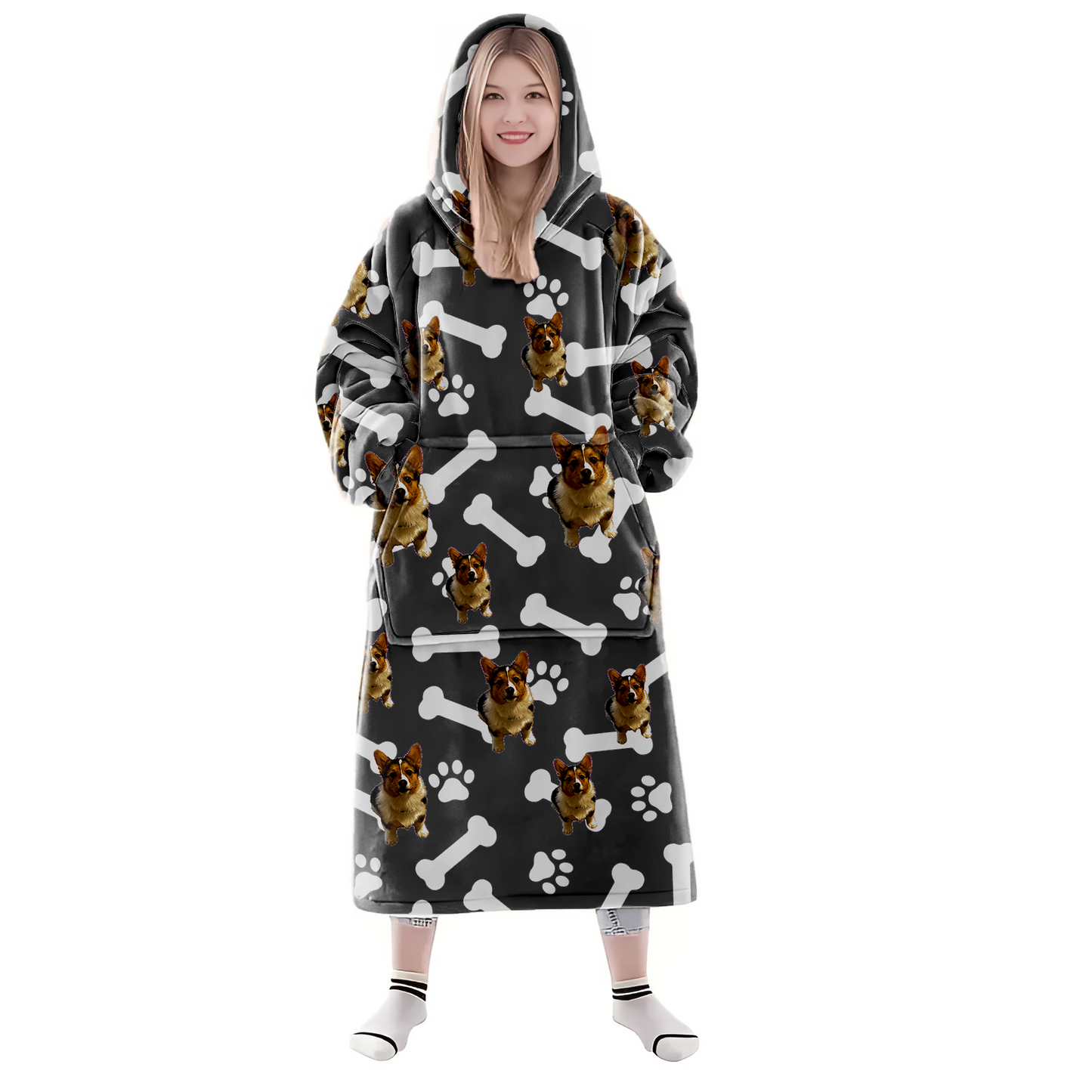 Personalized Blanket Hoodie With Dog Cat Photo Oversized Sweatshirt Blanket Warm Cozy Star Hooded Blanket