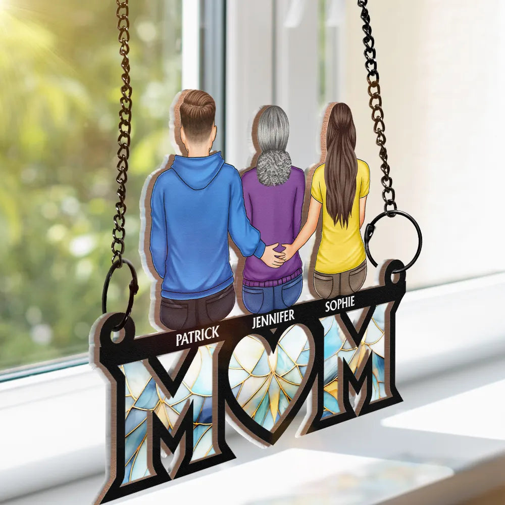 Mother & Children Sitting Bakside Unbreakable Bond - Personalized Window Hanging Suncatcher Ornament