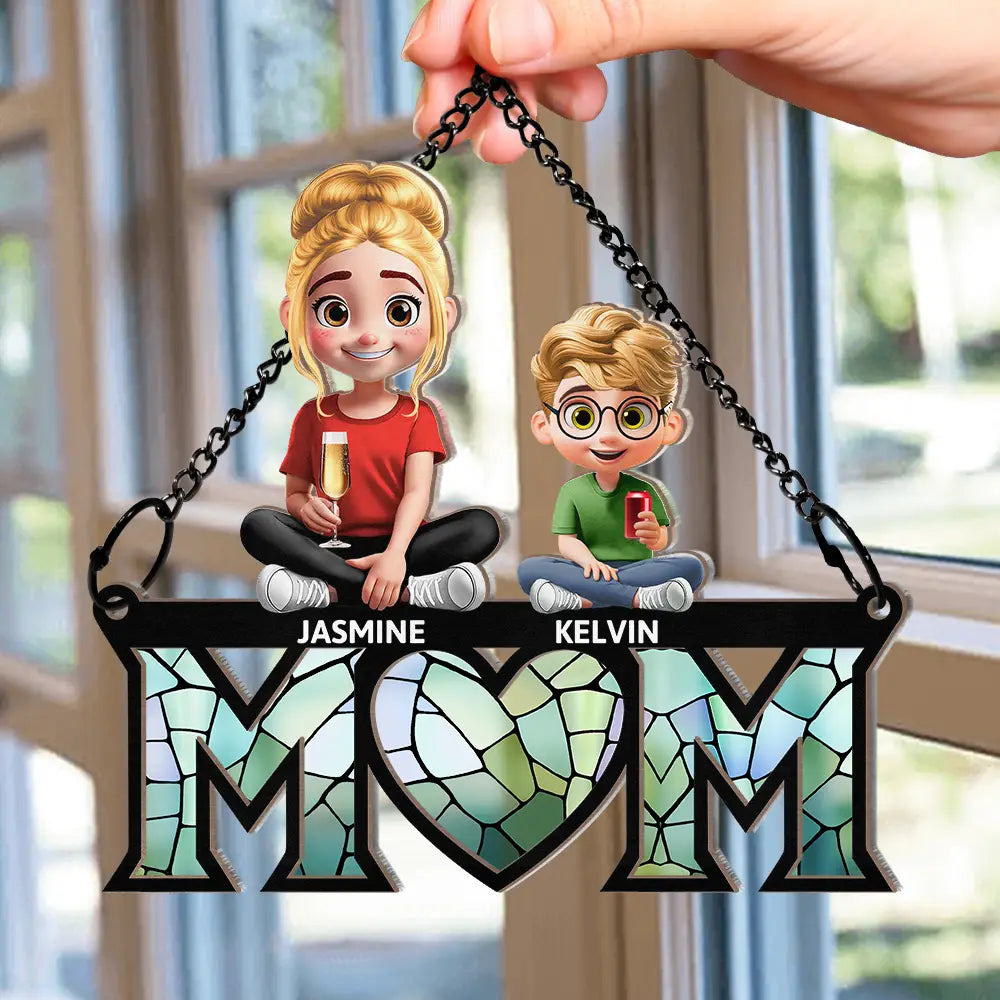 Mother Daughter Son We Love You Mom 3D Cartoon - Personalized Window Hanging Suncatcher Ornament