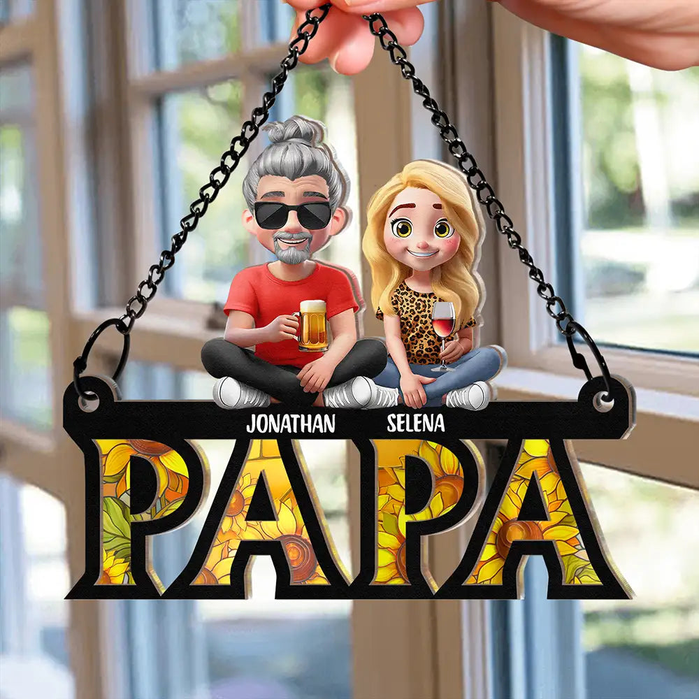 Dad Grandpa Sitting With Children - Personalized Window Hanging Suncatcher Ornament