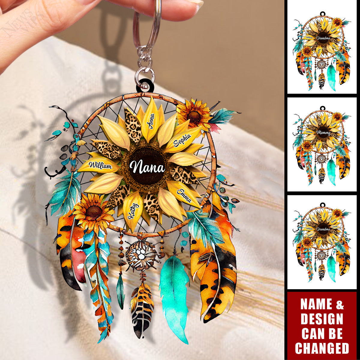 Sunflowers Dreamcatcher - Personalized Acrylic Keychain - Gift For Grandma, Mom