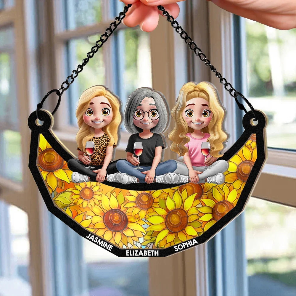 Mom Grandma Sitting With Children On The Moon - Personalized Window Hanging Suncatcher Ornament