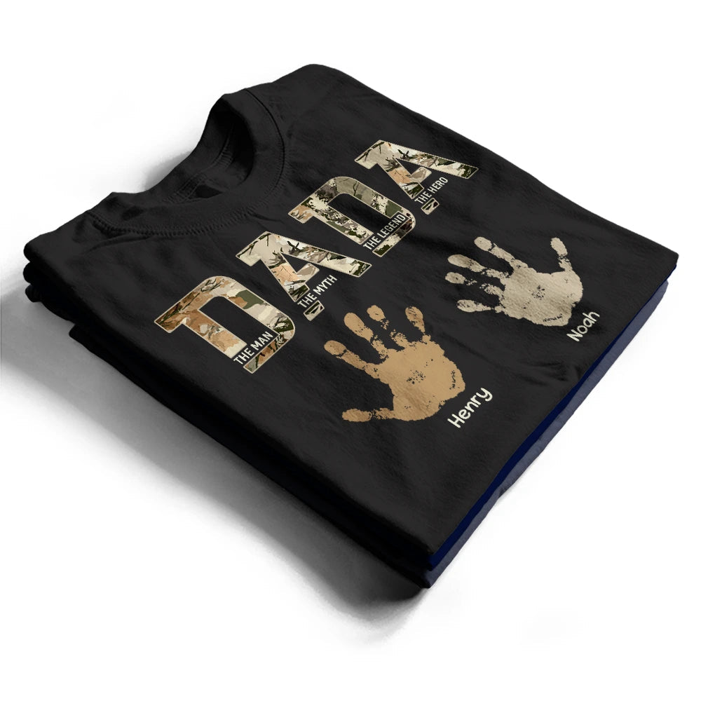 Dad Papa The Man Myth Legend Kid Handprint - Personalized T Shirt