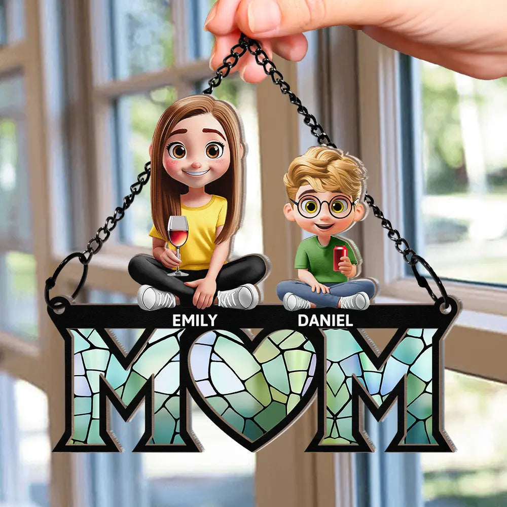 Young Mother Daughter Son We Love You Mom 3D Cartoon - Personalized Window Hanging Suncatcher Ornament