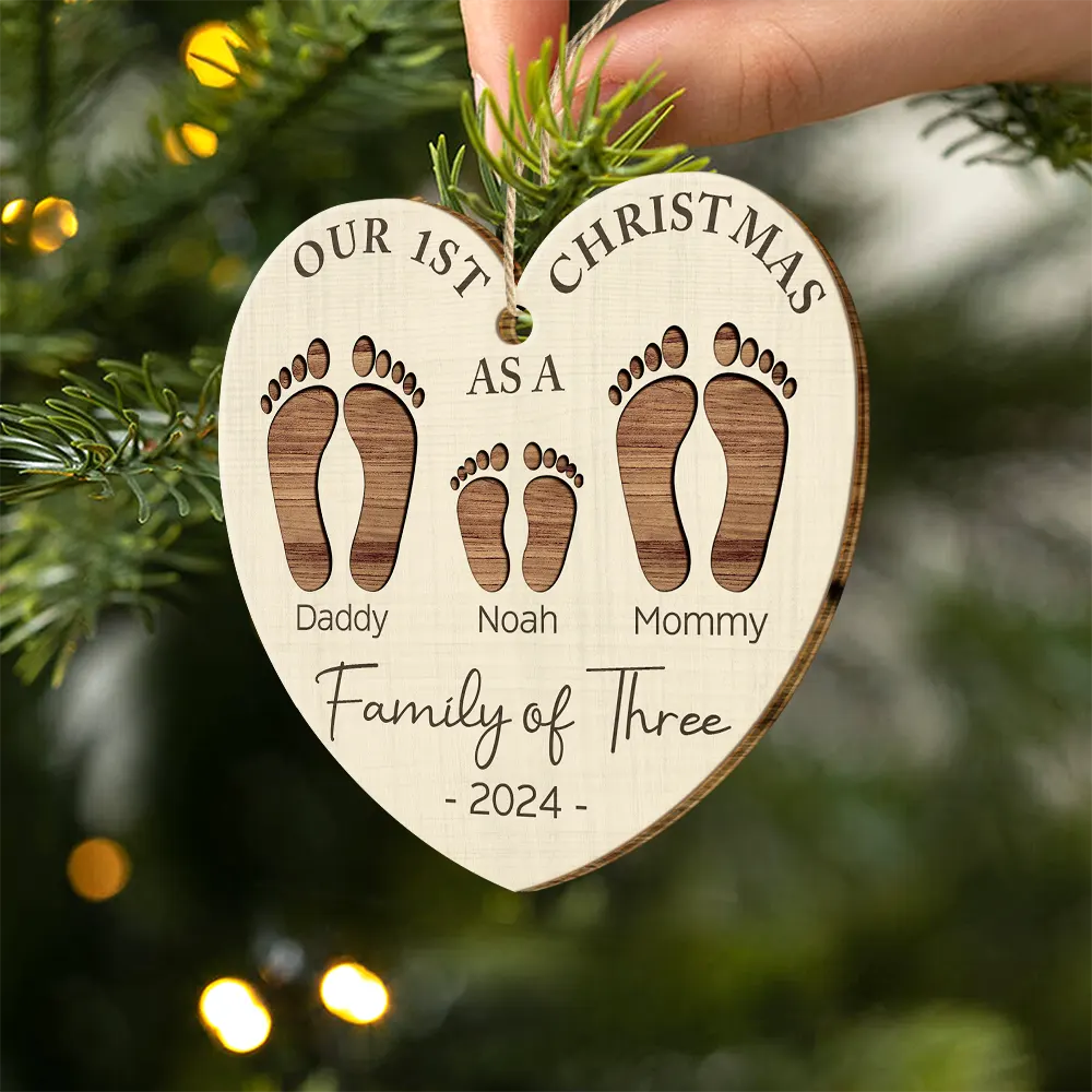 First Christmas As A Family Of Four Footprints - Personalized Custom Shaped Wooden Ornament