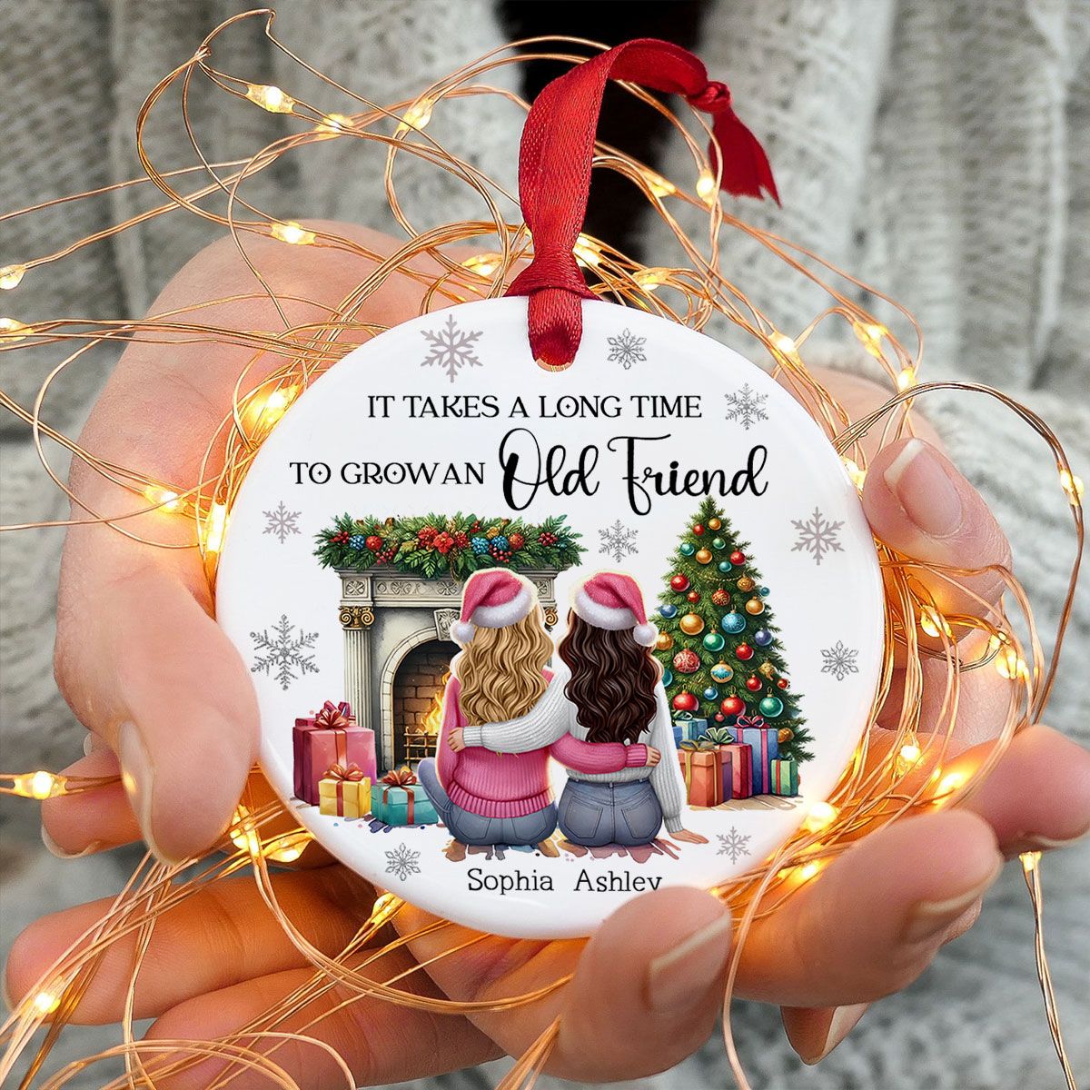 Personalized Best Friends Christmas Ornament – Cozy Holiday Scene by the Fireplace