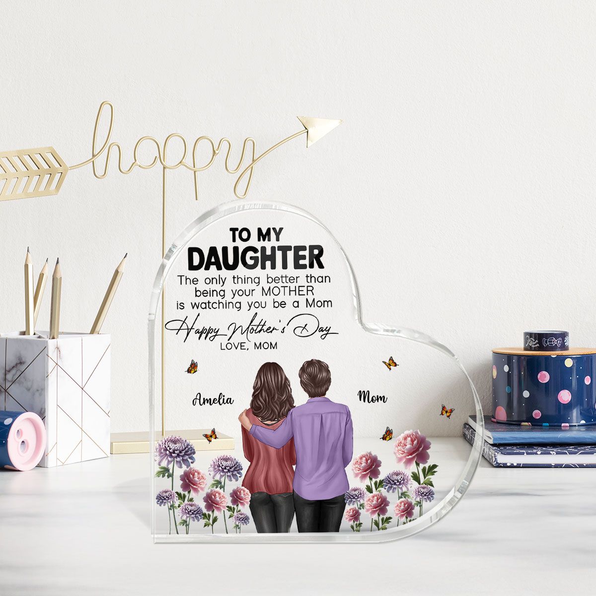 To My Daughter From Mom Happy Mother's Day Birth Flower Personalized Heart Acrylic Block Plaque