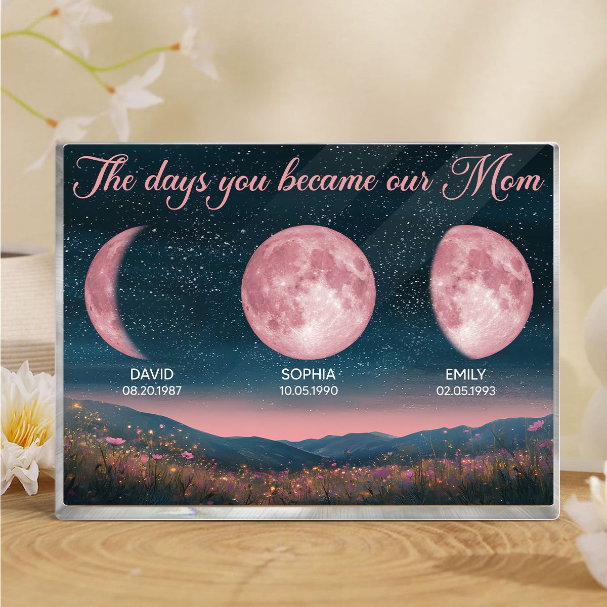 Pink Moon Phase Custom Birth Moon Beautiful Hill At Night Personalized Acrylic Block Plaque, Gift For Mom
