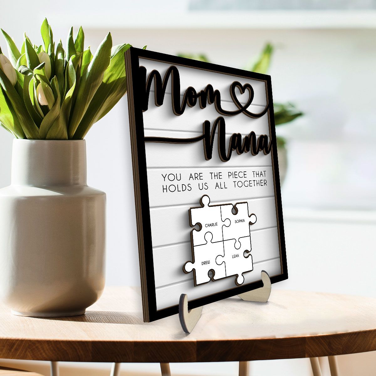 Mothers Day Puzzle Sign for Mom & Grandma, You are the Piece That Holds us Together Personalized 2-Layered Wooden Plaque