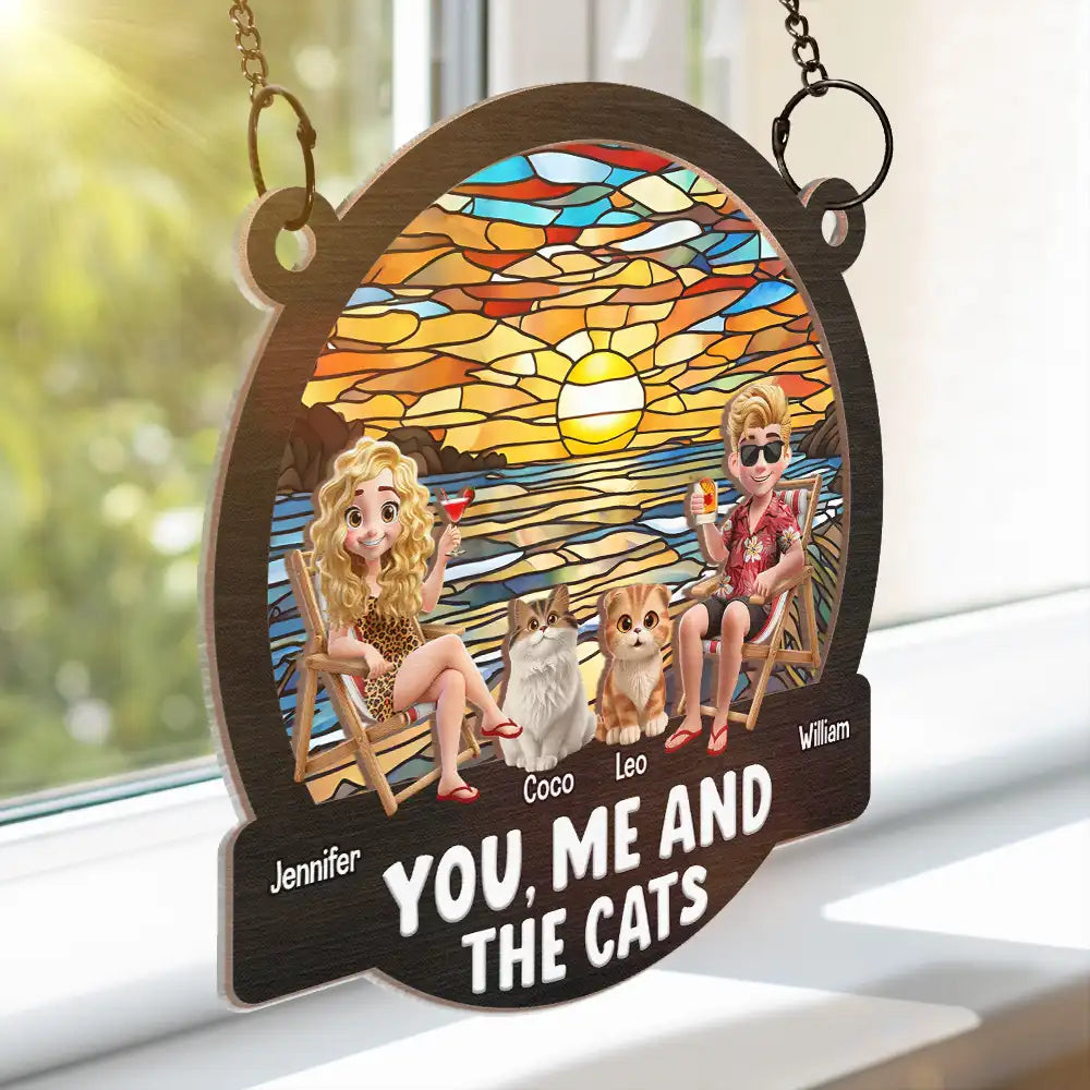 Beach You, Me And The Cats - Personalized Window Hanging Suncatcher Ornament