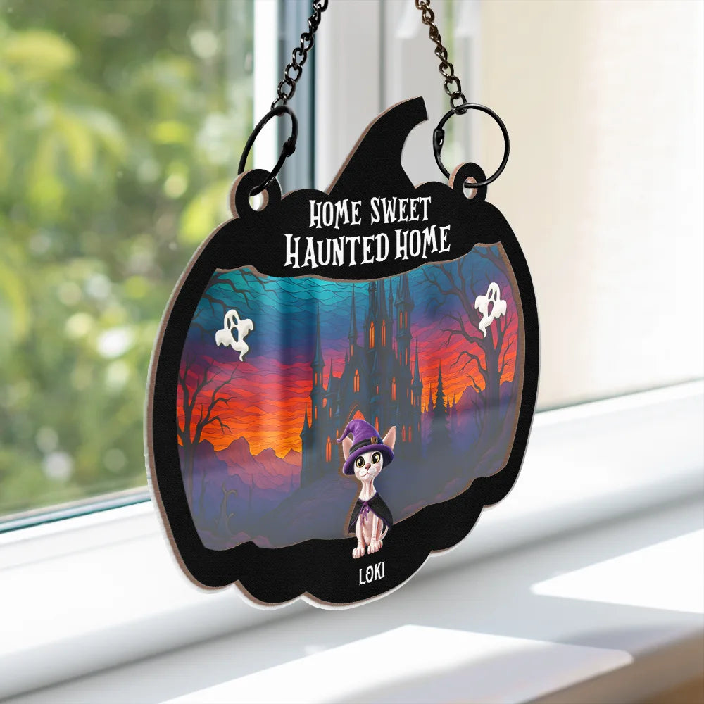 Halloween Home Sweet Haunted Home Pet Lovers - Personalized Window Hanging Suncatcher Ornament