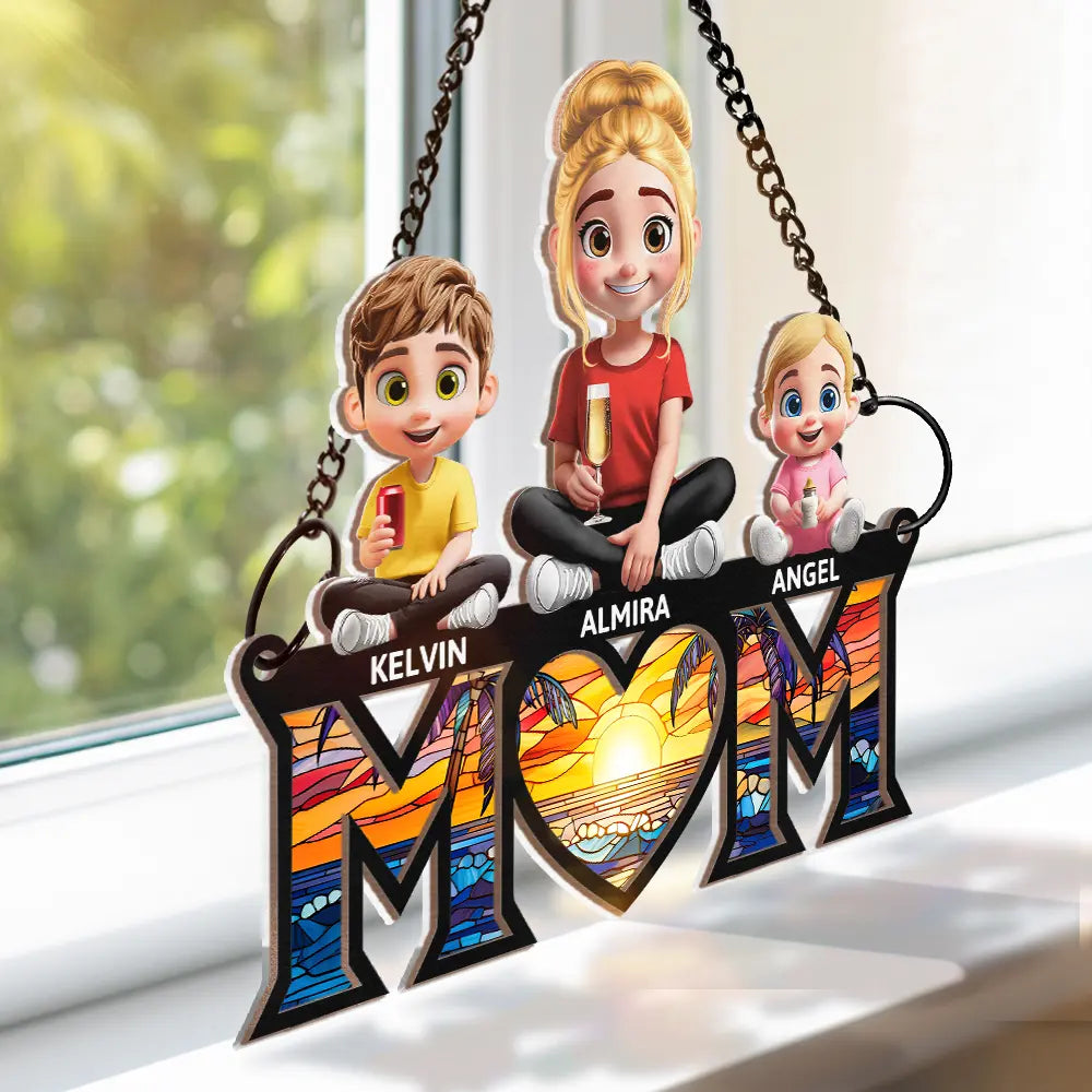Young Mother Daughter Son We Love You Mom 3D Cartoon - Personalized Window Hanging Suncatcher Ornament