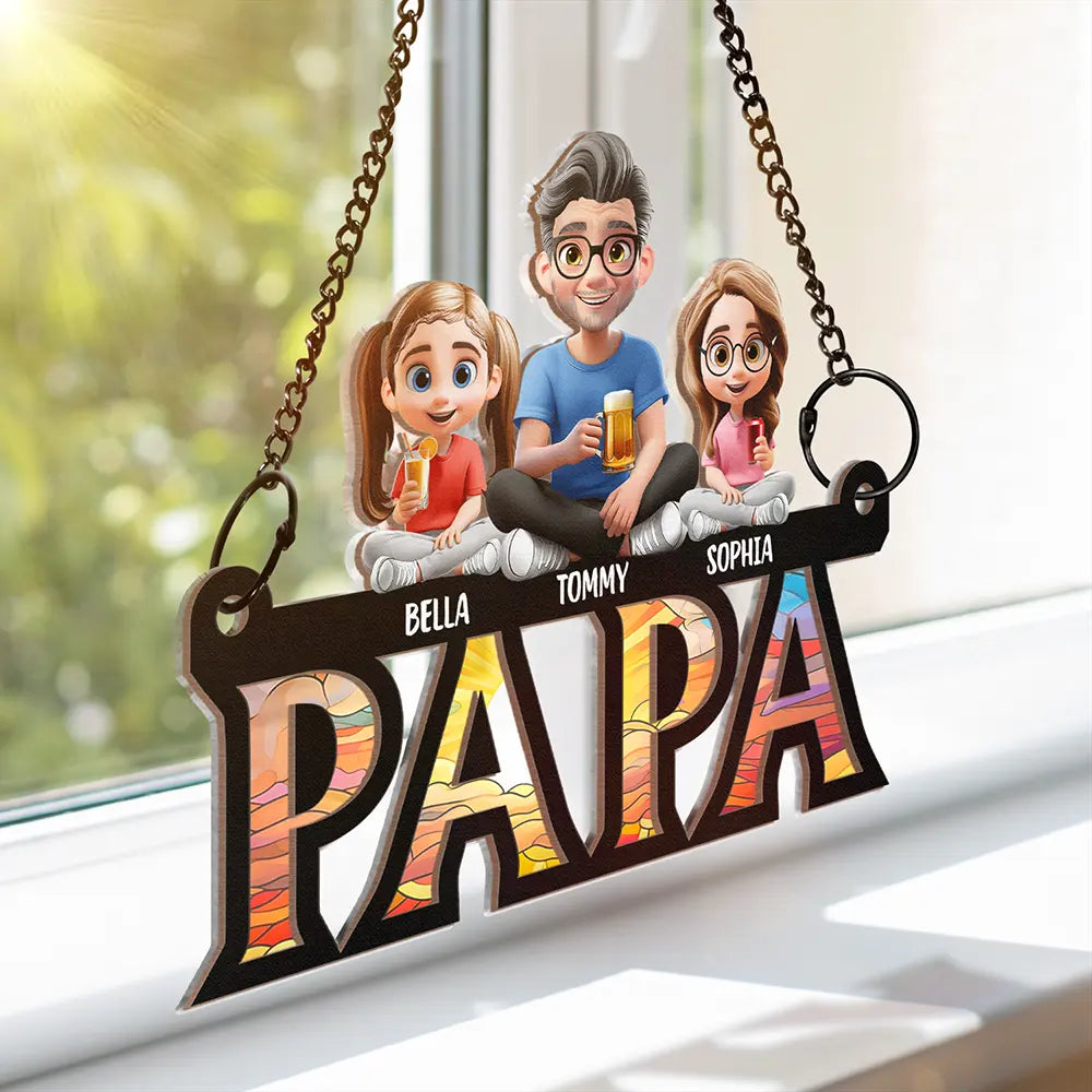 Dad Grandpa Sitting With Children - Personalized Window Hanging Suncatcher Ornament