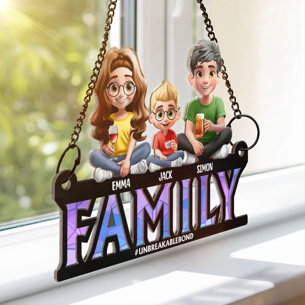 Family Unbreakable Bond Forever Dad & His Children - Personalized Window Hanging Suncatcher Ornament