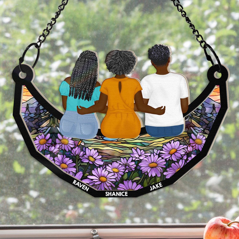 Grandma And Grandkids On The Moon - Personalized Window Hanging Suncatcher Ornament