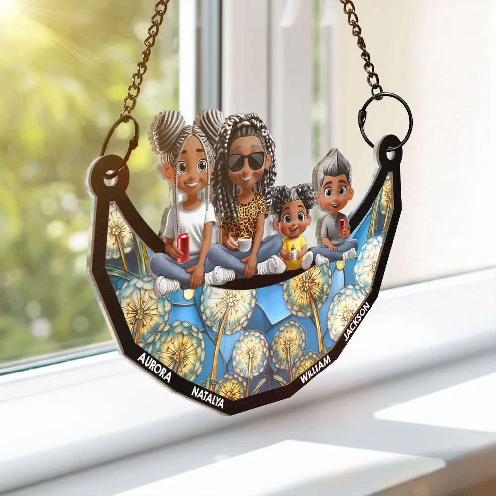 Mom Grandma Sitting With Children On The Moon - Personalized Window Hanging Suncatcher Ornament