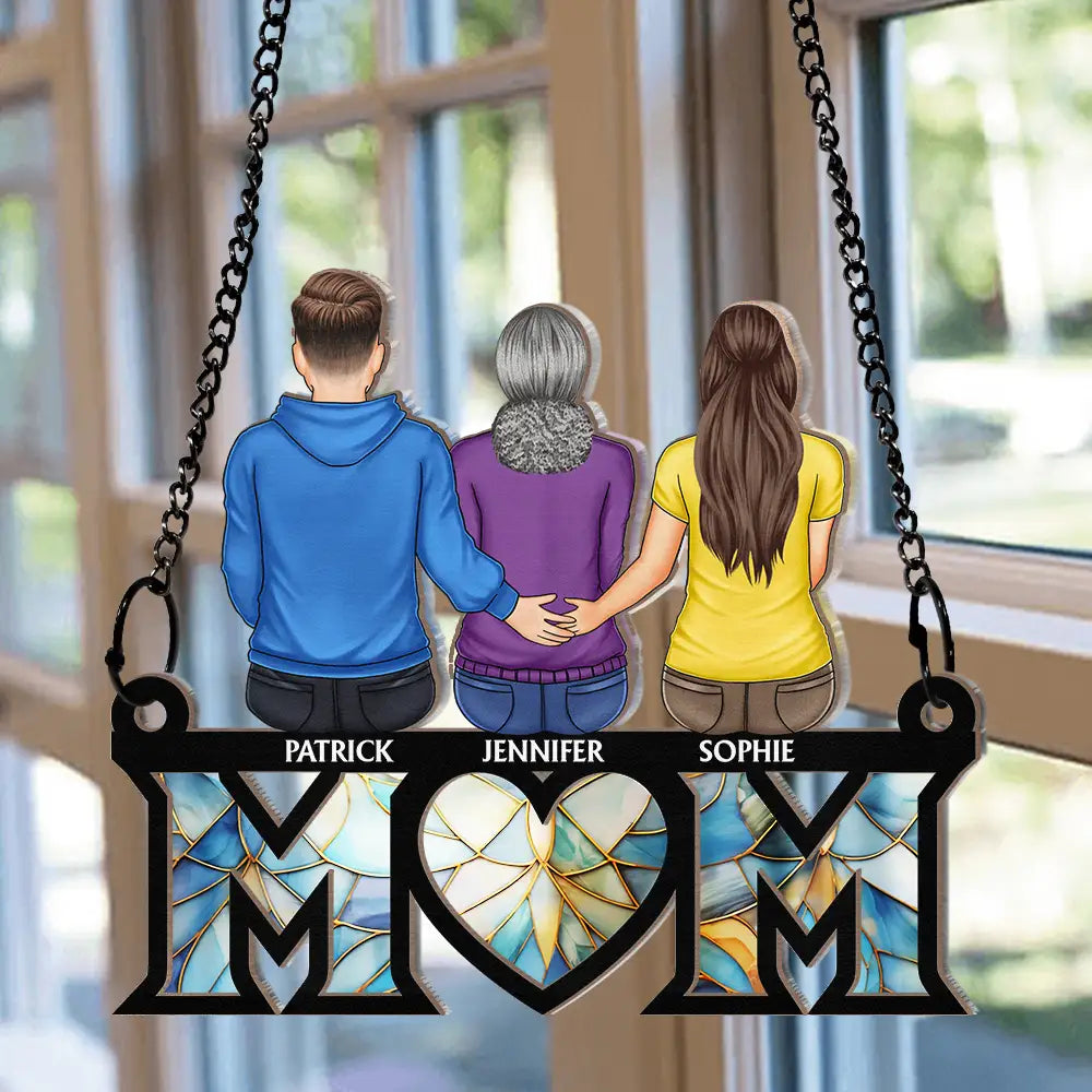 Mother & Children Sitting Bakside Unbreakable Bond - Personalized Window Hanging Suncatcher Ornament
