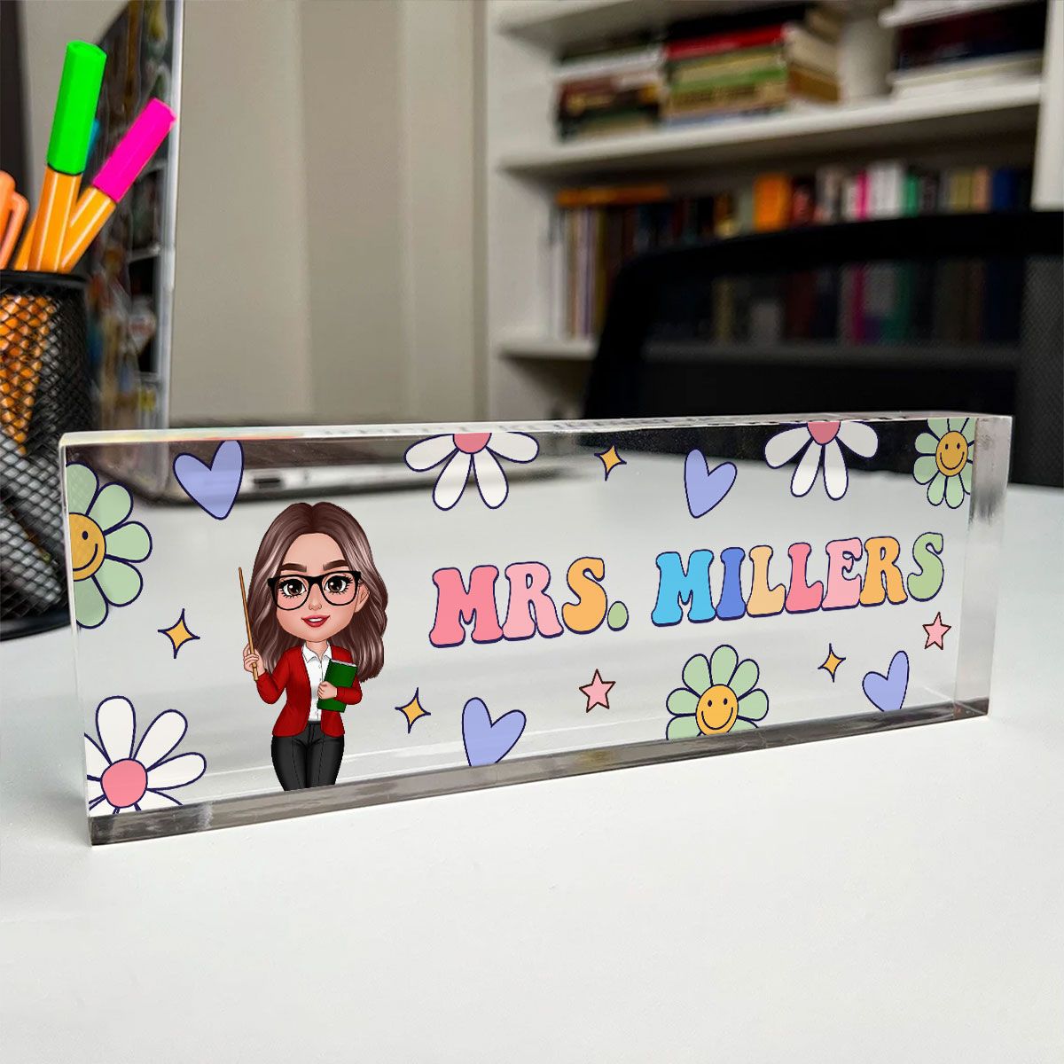Groovy Retro Teacher Name Sign, Back To School Teacher Gifts Personalized Teacher Acrylic Desk Name Plate