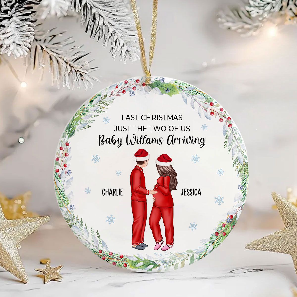 Last Christmas Just The Two Of Us Baby Arriving Soon Personalized Ceramic Ornament, Christmas Gift For New Mom New Parents