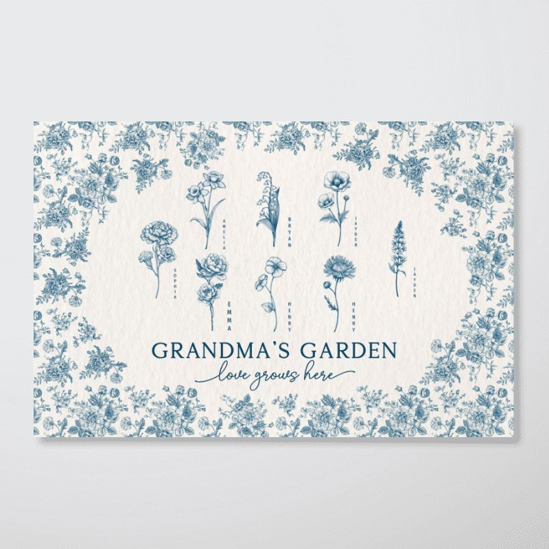 Vintage Blue Floral Pattern Grandma's Garden Personalized Canvas