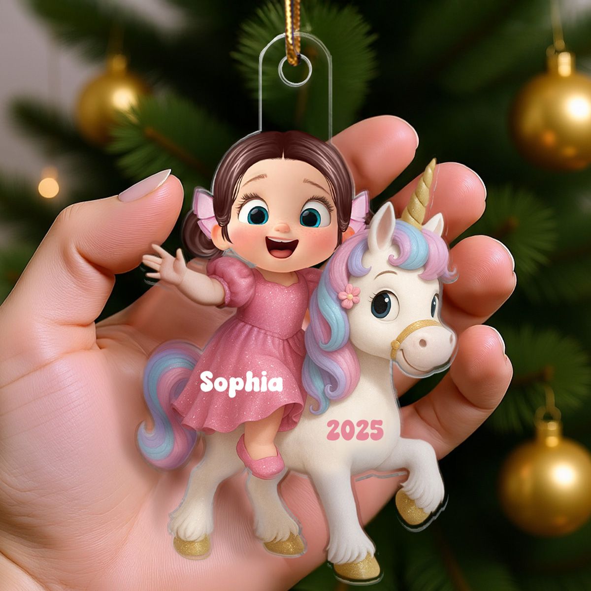 3D Effect Cute Cartoon Kid With Unicorn Christmas Personalized Flat Acrylic Ornament
