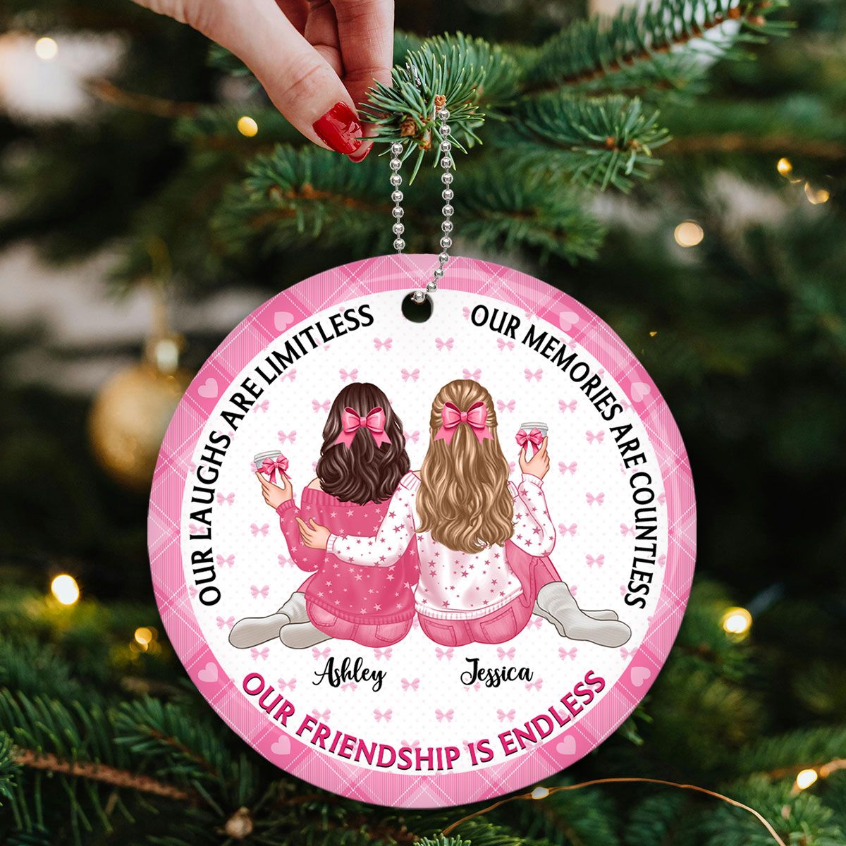 Our Friendship Is Endless Besties Back View Coquette Theme Personalized Ceramic Ornament