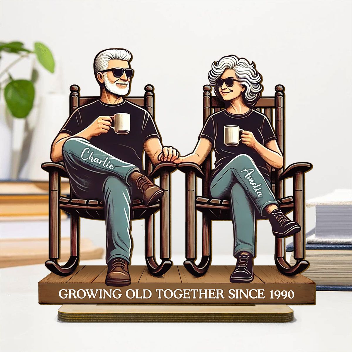 Old Couple Sitting On Front Porch Personalized Standing Wooden Plaque