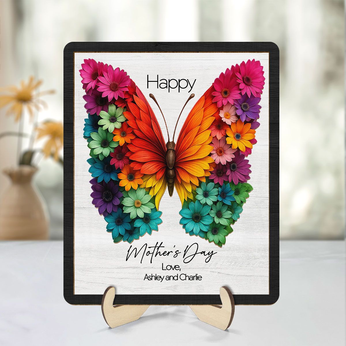 Mother's Day Butterfly Flowery Wings 2D Flat, Personalized 2-Layered Wooden Plaque, Mother's Day Gift for Mom, 3D Effect