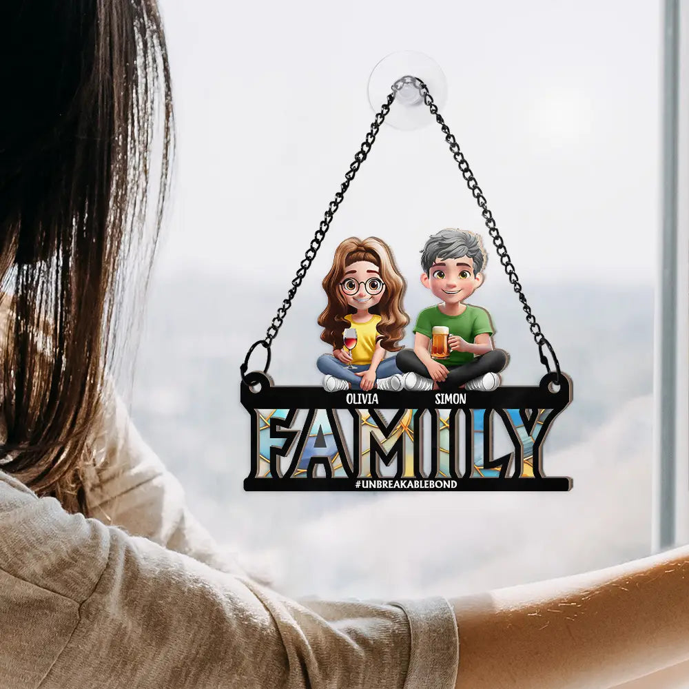 Family Unbreakable Bond Forever Dad & His Children - Personalized Window Hanging Suncatcher Ornament