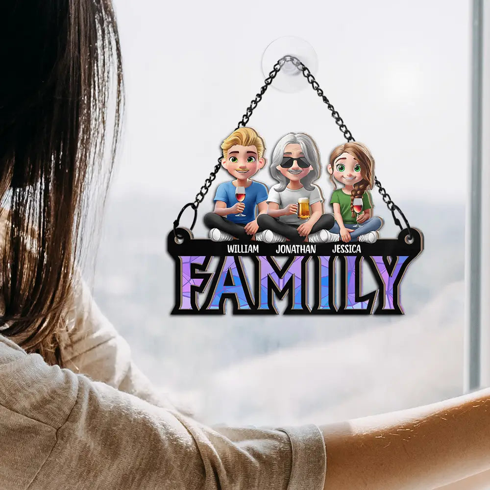 Dad Grandpa Sitting With Children - Personalized Window Hanging Suncatcher Ornament