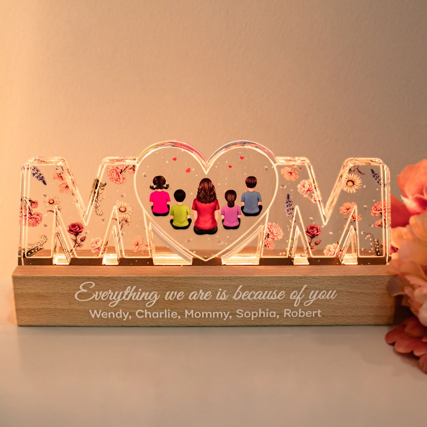 Mom Everything I Am Is Because Of You Personalized LED Night Light, Birth Month Flower, Gift For Mom, Grandma