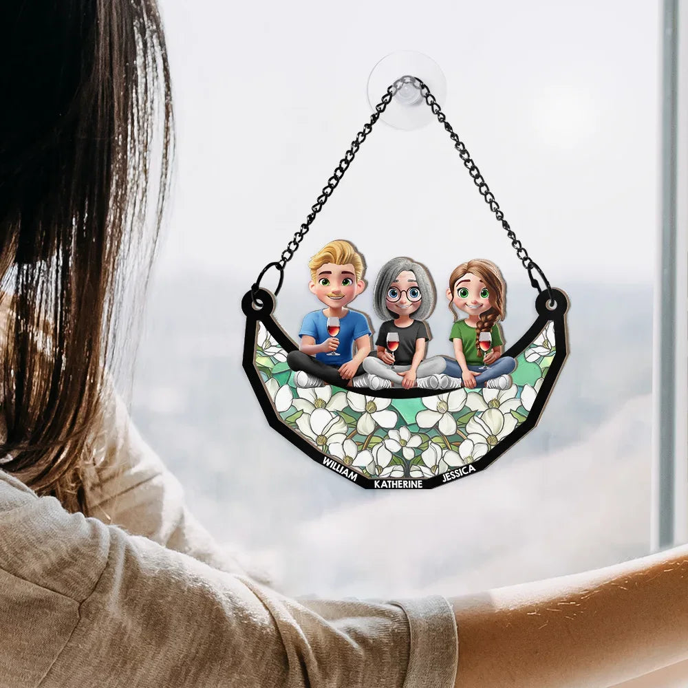 Mom Grandma Sitting With Children On The Moon - Personalized Window Hanging Suncatcher Ornament