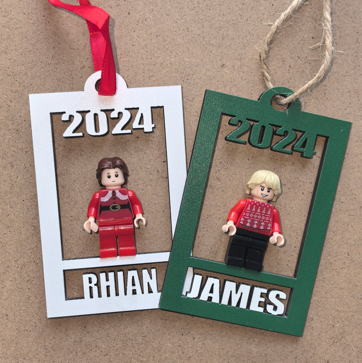 Brick Minifigure Holder Ornament w/ Name & Holiday Minifigure, Personalized Minifig Holder, Brick Christmas Ornament, Customized Unique Gift