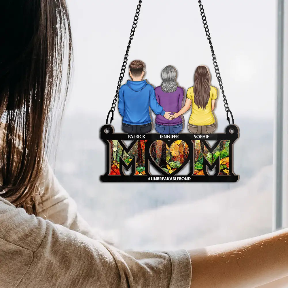 Mother & Children Sitting Bakside Unbreakable Bond - Personalized Window Hanging Suncatcher Ornament