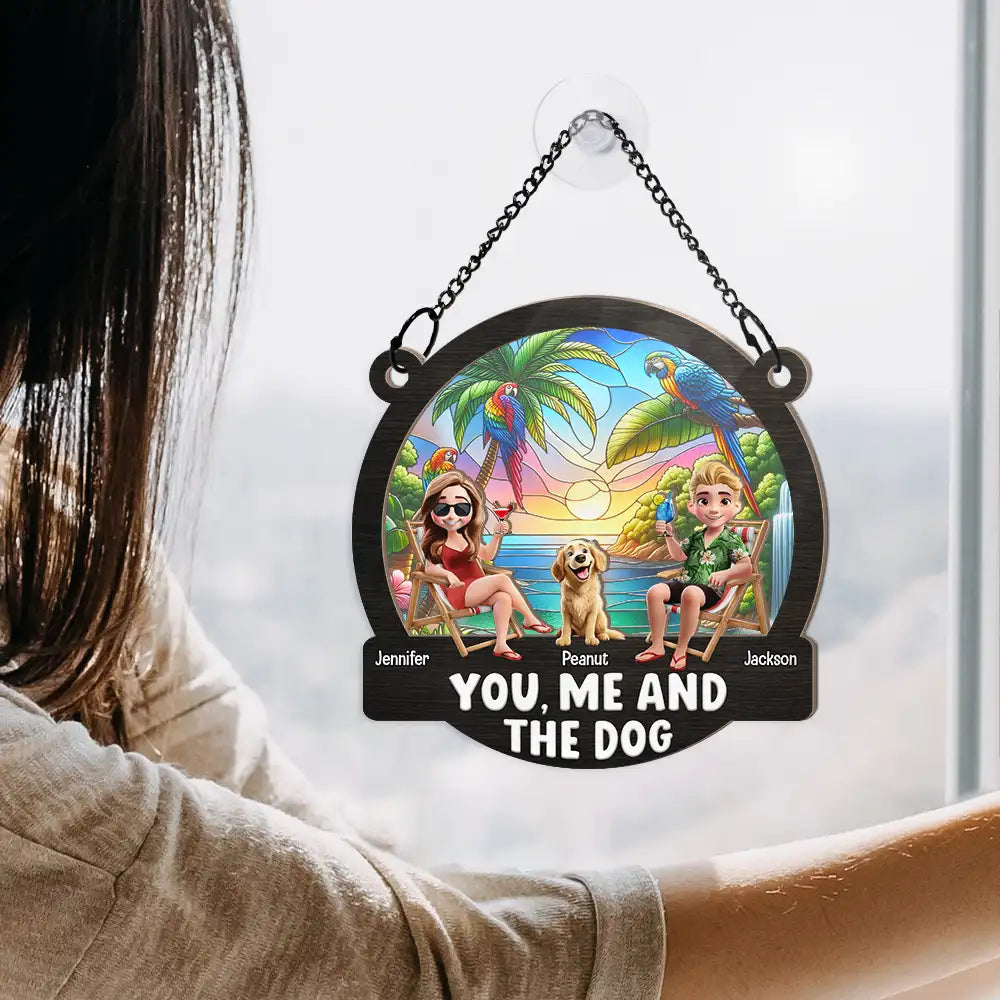Beach You, Me And The Dogs - Personalized Window Hanging Suncatcher Ornament