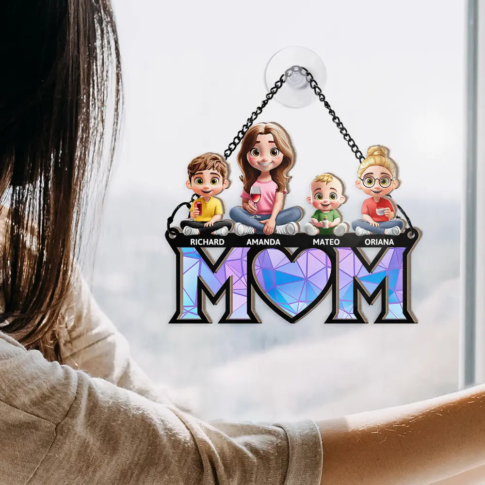 Young Mother Daughter Son We Love You Mom 3D Cartoon - Personalized Window Hanging Suncatcher Ornament